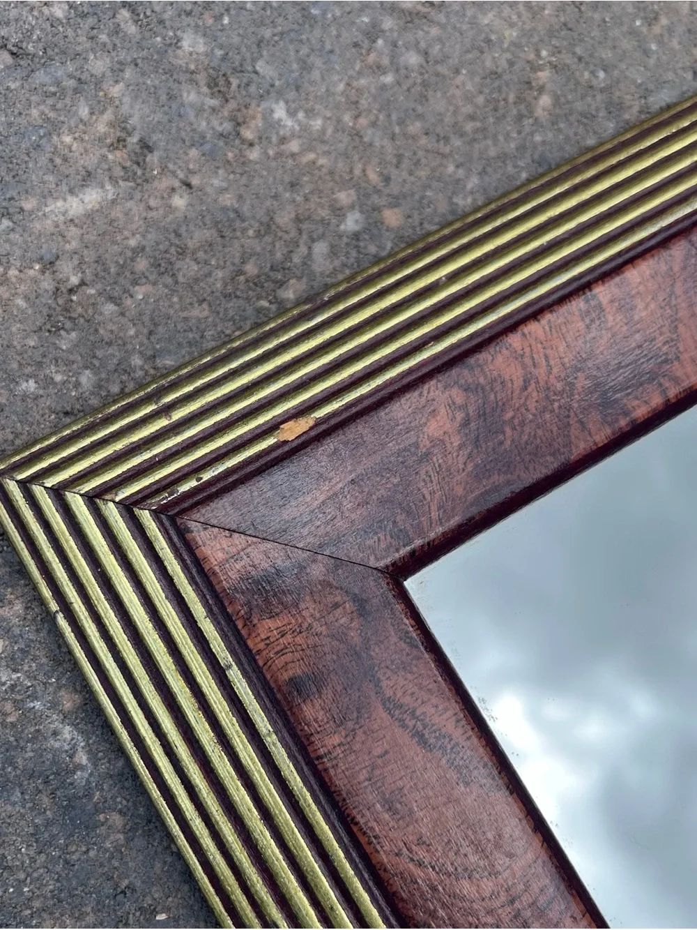 Vintage Faux Burl Wood Gold Reeded Square Mirror Hollywood Regency Vanity